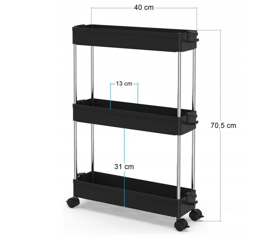 Juoda virtuvės kambario koridoriaus vonios lentyna  su ratukais 13 x 40 x 61 cm